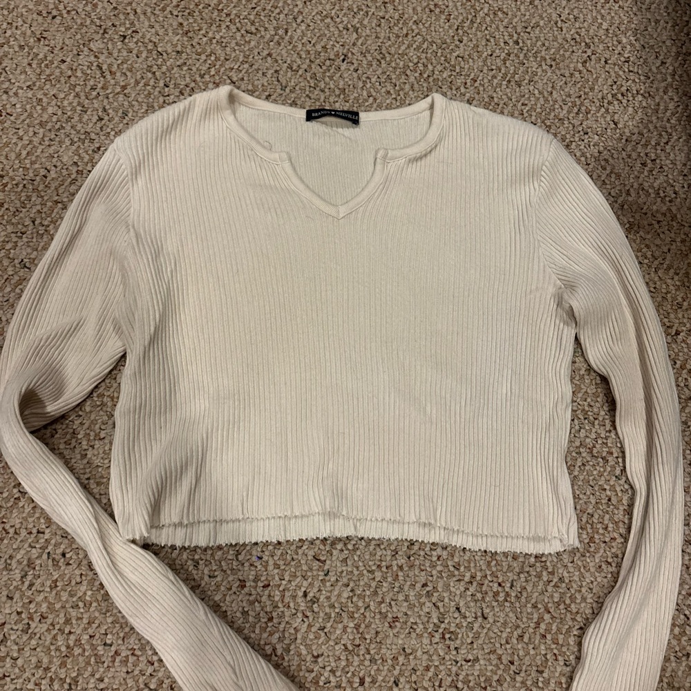 Brandy Melville Cream Ribbed Long Sleeve Tee